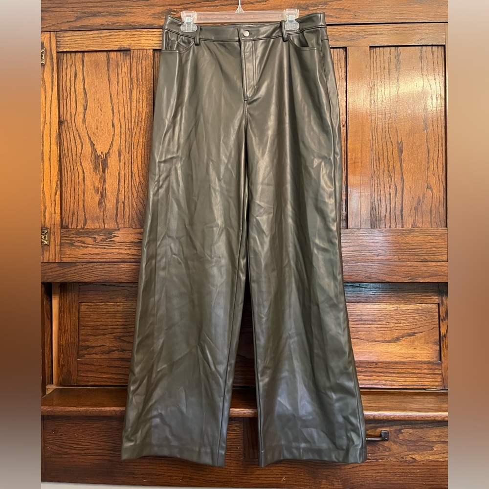 NWT WAYF Olive Faux Leather Wide Leg Trouser Pants, Large - Picture 2 of 9
